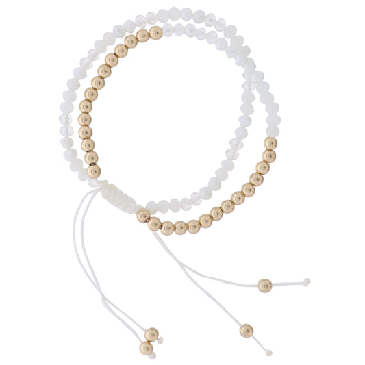 2 Strand White, Clear, Gold Beaded Pully Adj. Bracelet