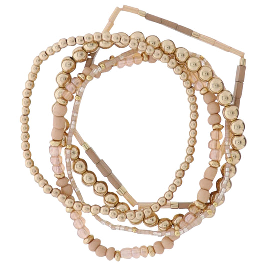 Set of 5 Brown, Gold, Tan Beaded Stretch Bracelet