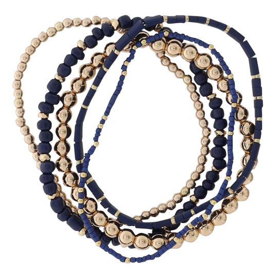 Set of 5 Navy, Gold Beaded Stretch Bracelet