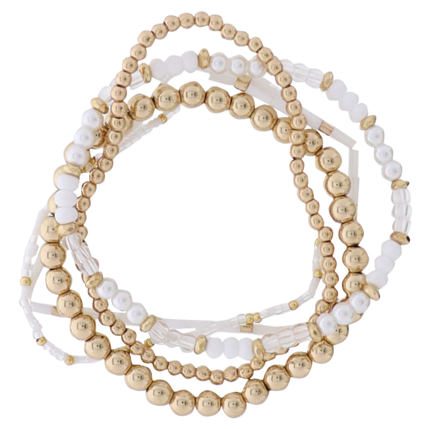 Set of 5 White, Clear, Gold, Pearl Beaded Stretch Bracelet