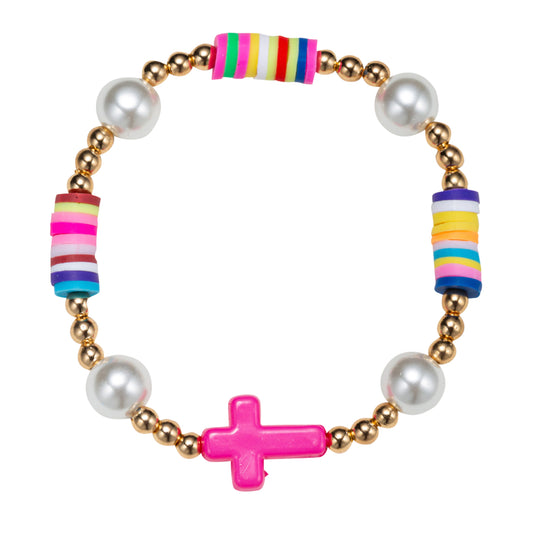 Kids Gold, Pearl, Multi Rubber Disk Beaded Stretch Bracelet with Cross