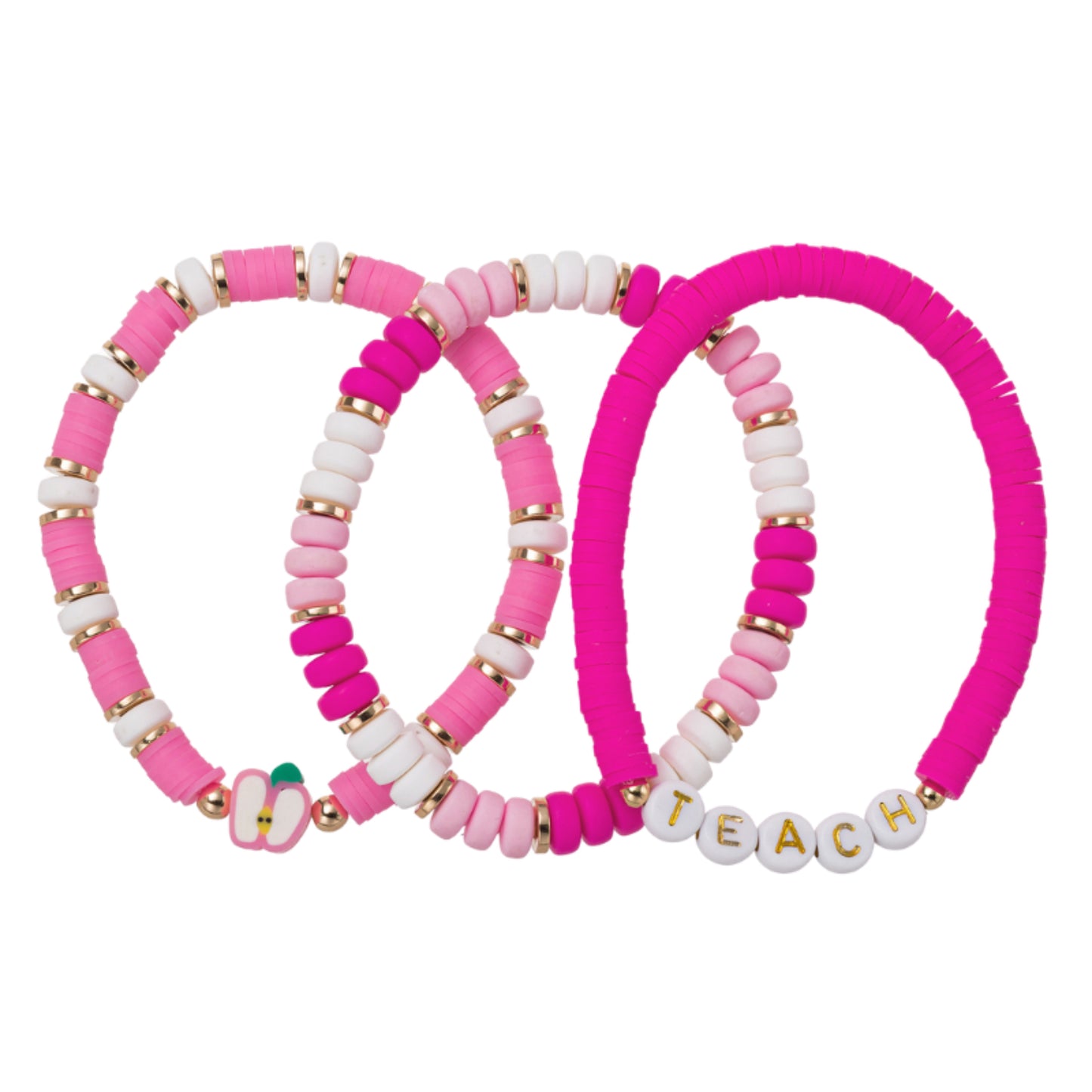 Set of 3, Pink, Light Pink, White Rubber Disk Beaded Stretch Bracelet with Apple & "Teach"
