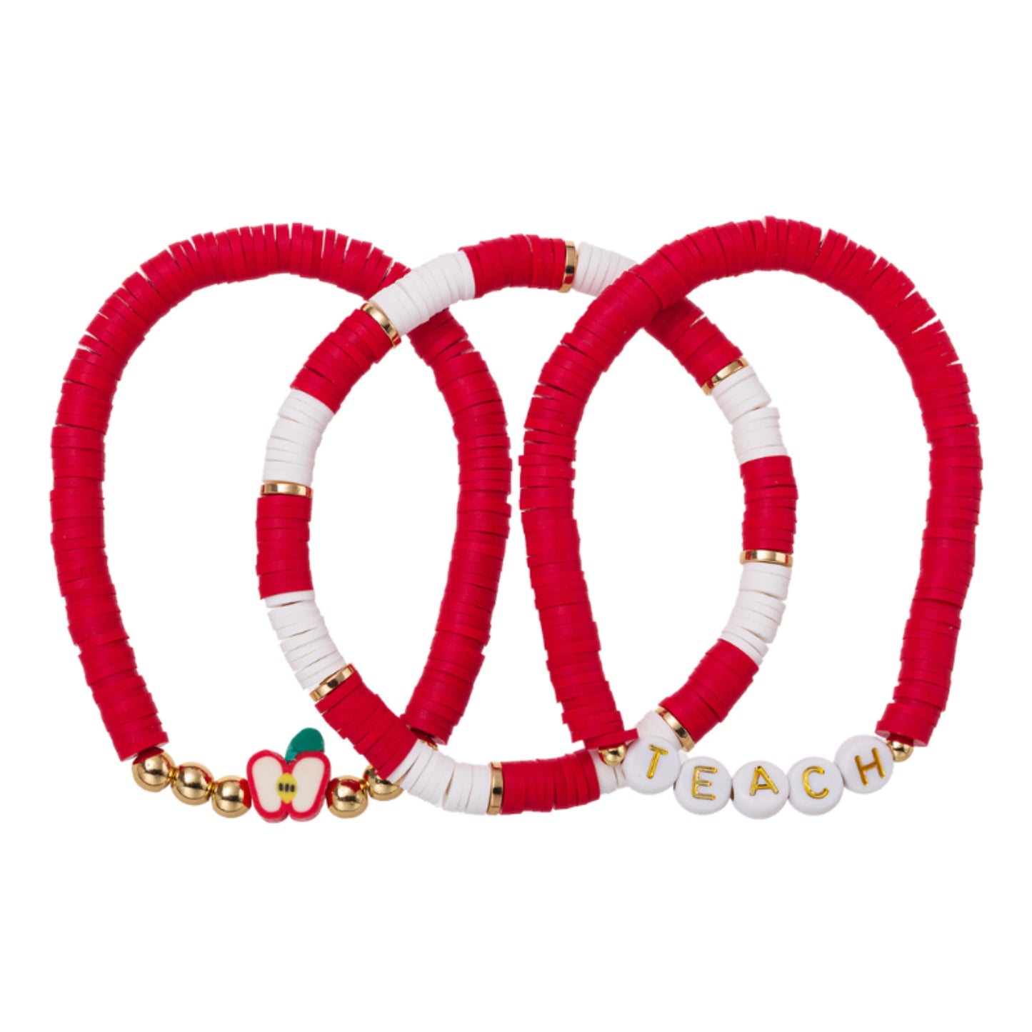 Set of 3, Red, White Rubber Disk Beaded Stretch Bracelet with Apple & "Teach"