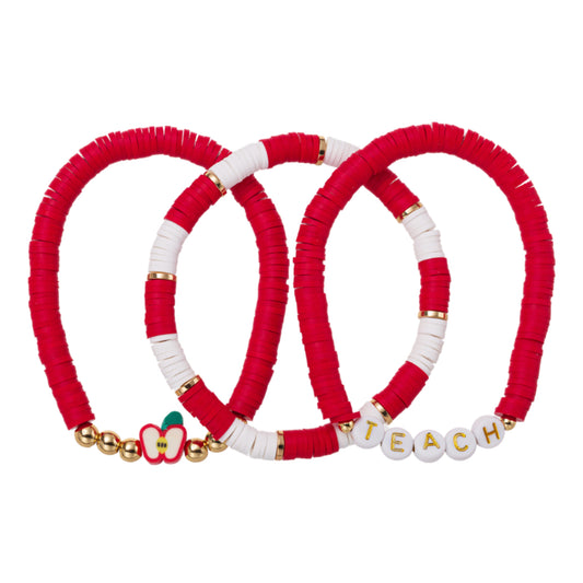 Set of 3, Red, White Rubber Disk Beaded Stretch Bracelet with Apple & "Teach"