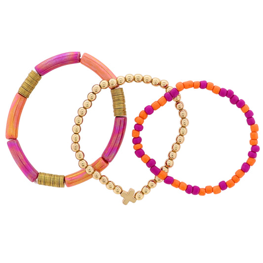 Kids Set of 3 Pink, Orange, Gold Seed Bead, Acrylic Beaded Bracelet with Gold Cross