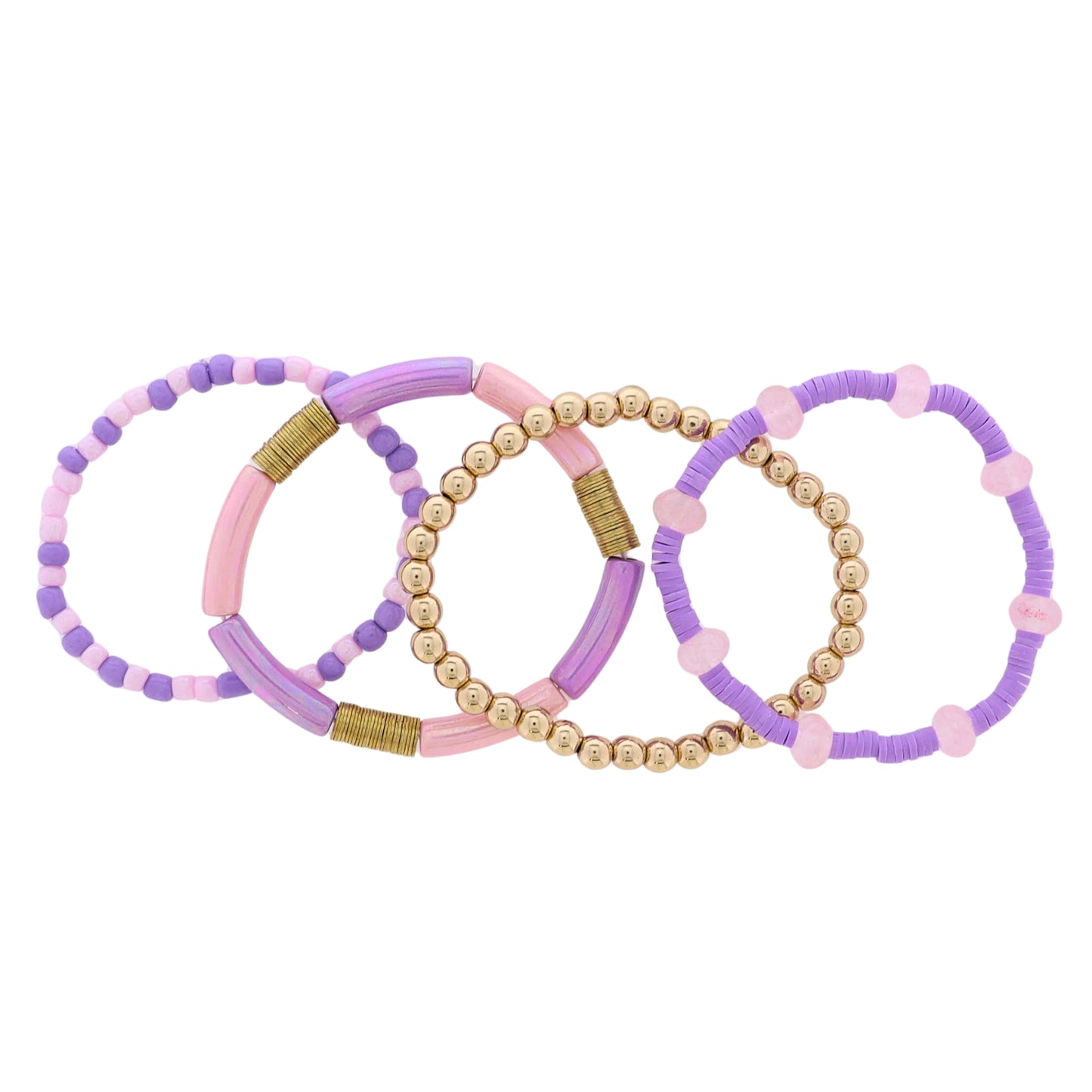 Kids Set of 4 Lavender, Pink, Gold Seed Bead, Acrylic Beaded Bracelet
