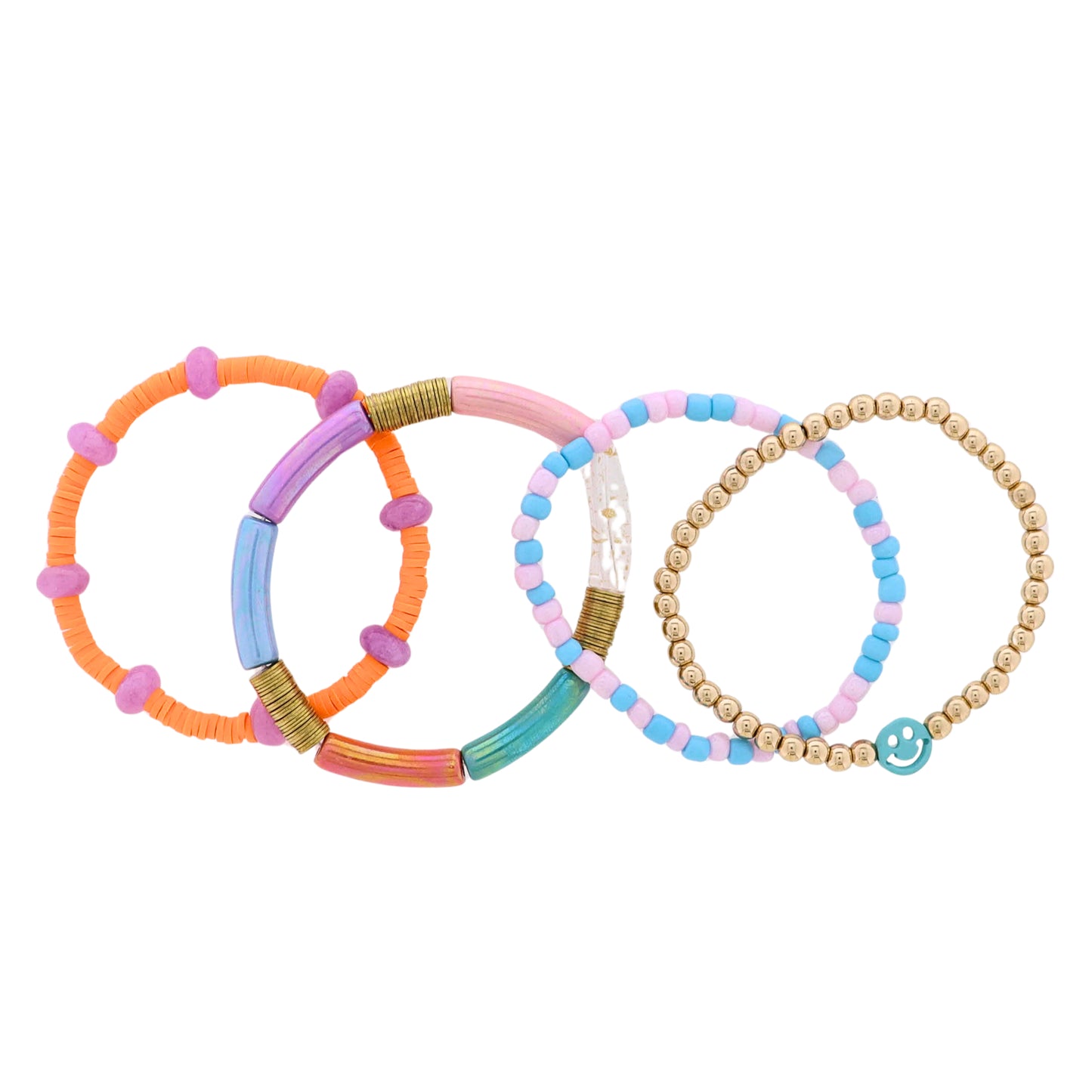 Kids Set of 4 Orange, Purple, Pink, Clear, Blue Bead, Rubber Disk Bracelet with Blue Happy Face