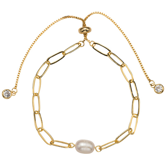 Gold Chain Bracelet with White Single Pearl