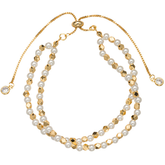 Gold, Pearl Beaded 2 Strand Bracelet with Gold Ball and Pearl Strands