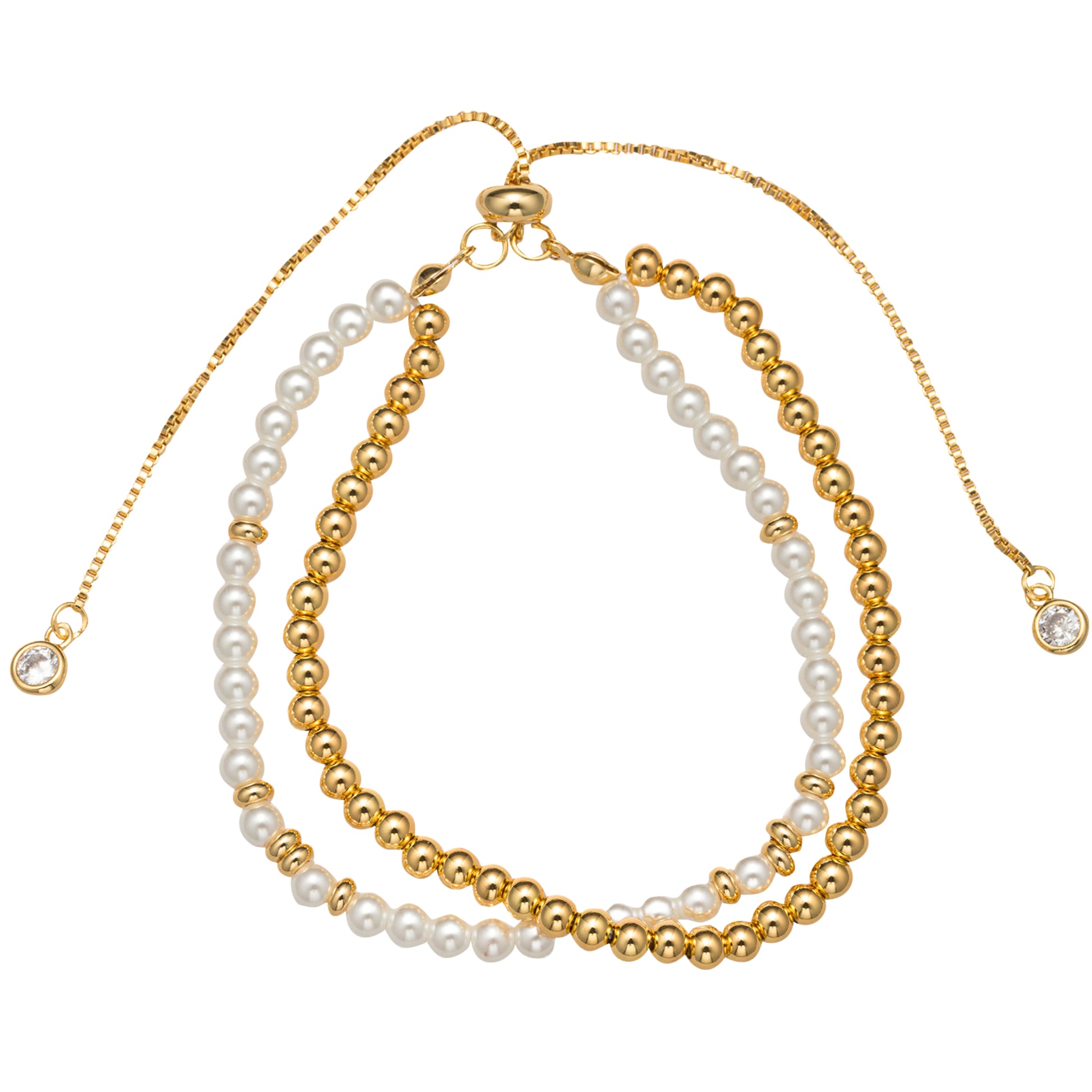 Gold, Pearl Beaded Bracelet with 2 Strand