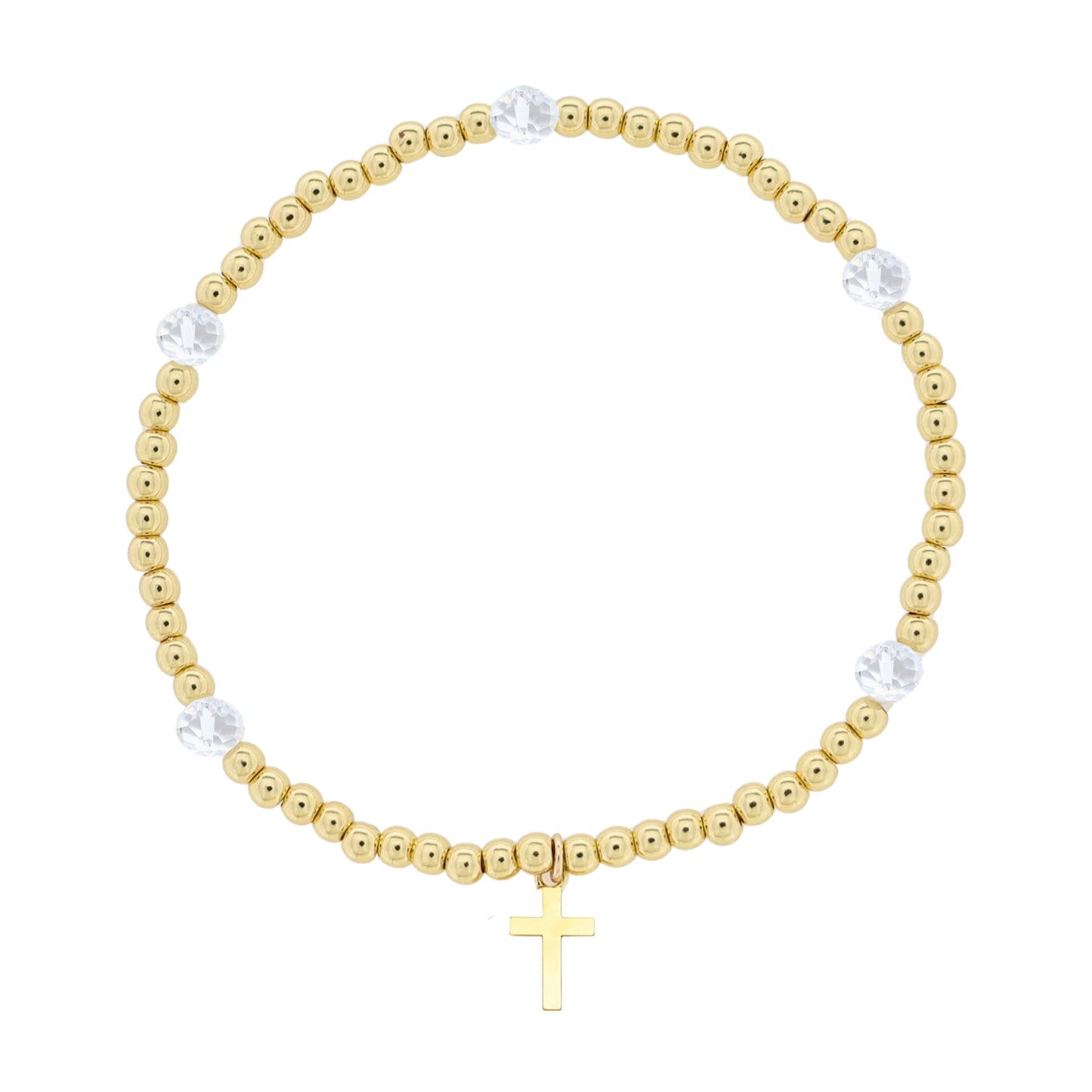 Kids 18K Gold Plated Gold & Clear Beaded Stretch Bracelet with Gold Cross