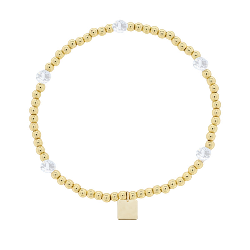 Kids 18K Gold Plated Gold & Clear Beaded Stretch Bracelet with Gold Square