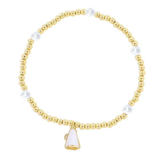 Kids 18K Gold Plated Gold & Clear Beaded Stretch Bracelet with White Megaphone