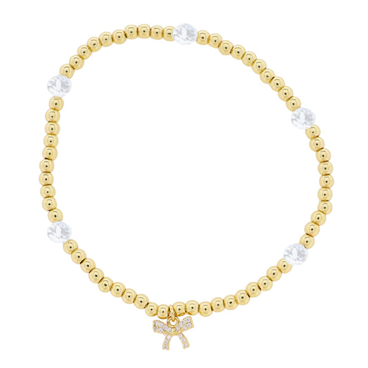 Kids 18K Gold Plated Gold & Clear Beaded Stretch Bracelet with Clear Crystal Bow
