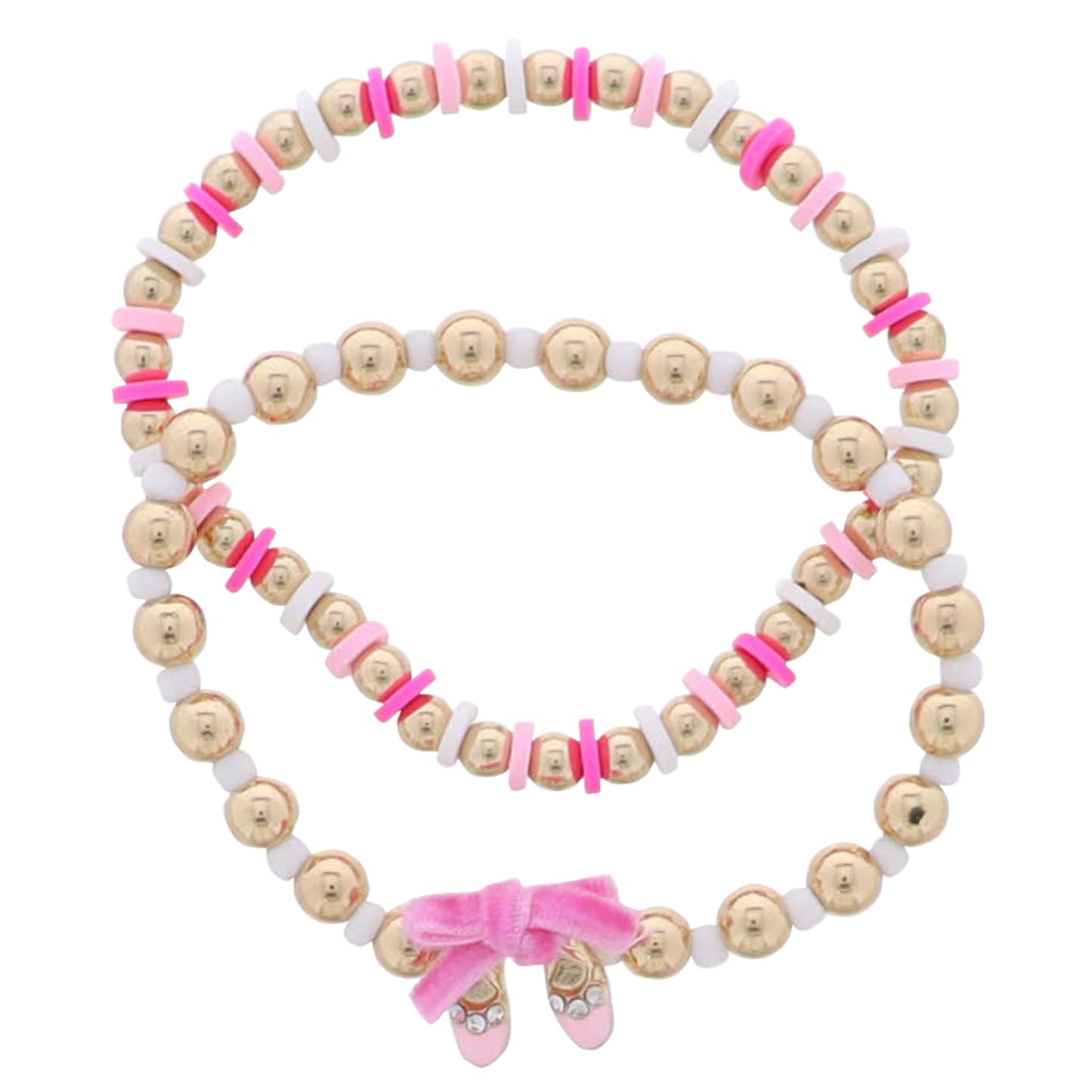 Kids Set of 2 Pinks, White, Gold Rubber, Beaded Stretch Bracelet with Ballet Slipper with Bow Charm
