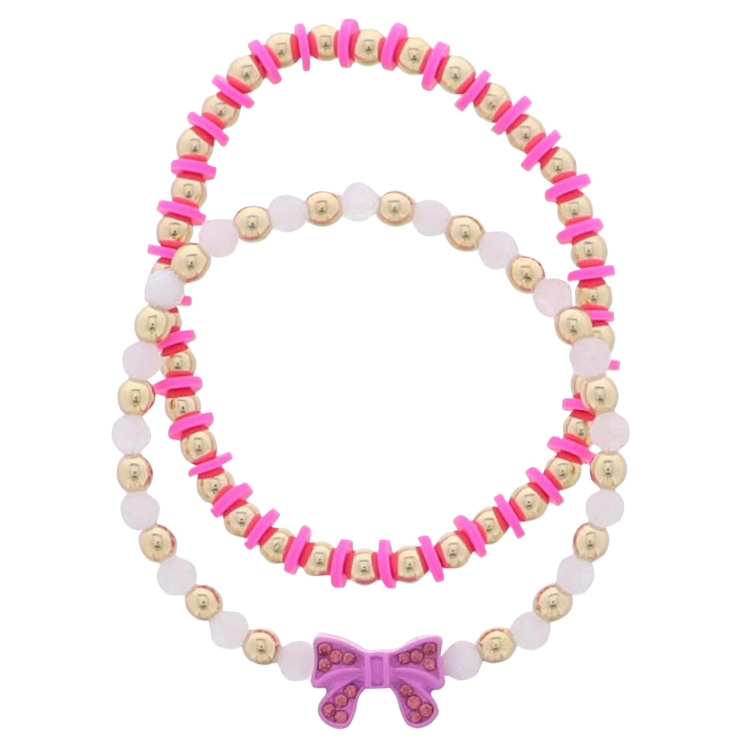 Kids Set of 2 Hot Pink, Gold, White Rubber, Seed Bead Beaded Stretch Bracelet with Glitter Bow