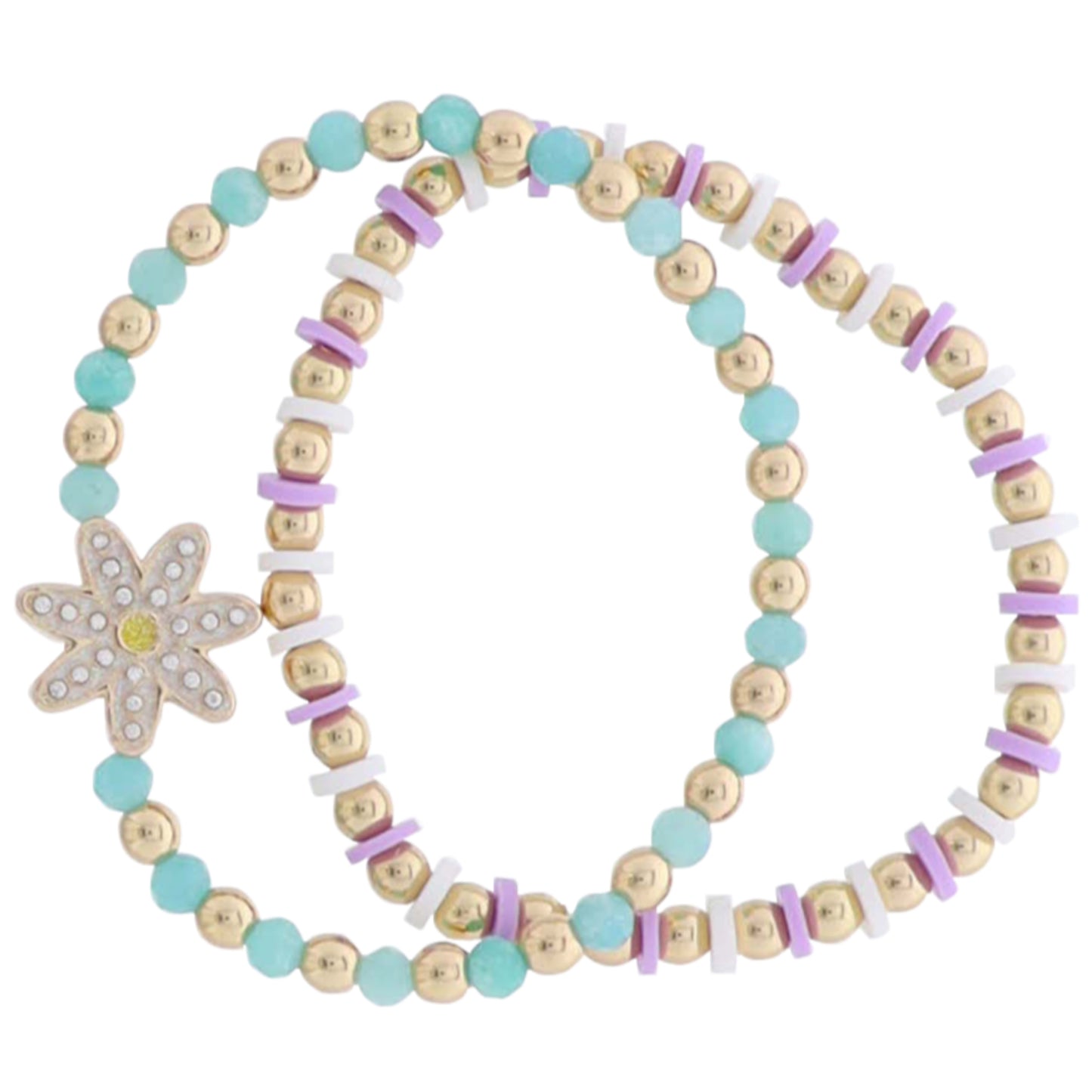 Kids Set of 2 Mint, Lavender, White, Gold Rubber, Beaded Stretch Bracelet with White Daisy Charm