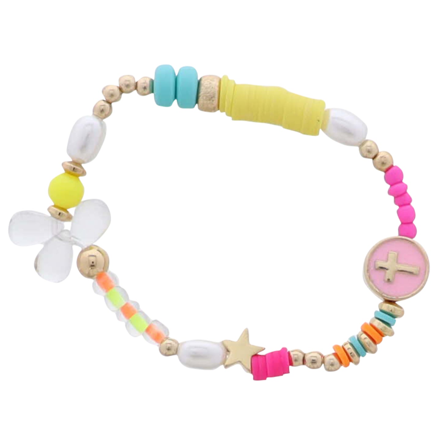 Kids Multi Rubber Disk, Seed Bead, Pearl Beaded Bracelet with Pink Enamel Circle with Cross