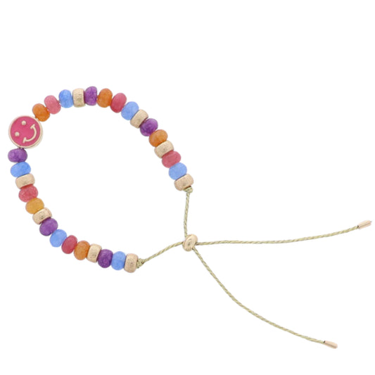 Kids Multi Semi Precious Beaded Bracelet with Pink Enamel Happy Face