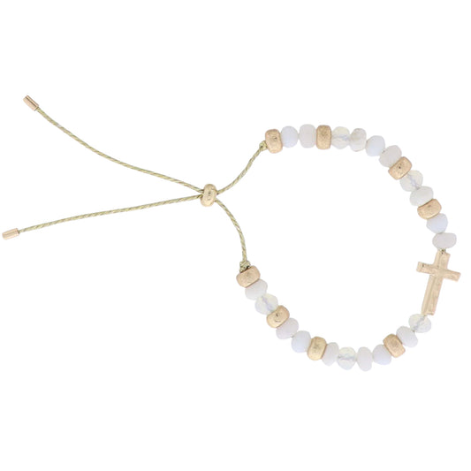 Kids White Semi Precious, Faceted Beaded Bracelet with Gold Cross