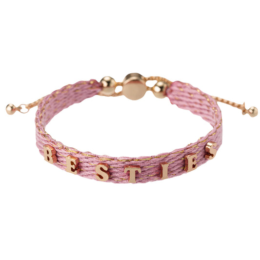 Kids Pink Woven Thread Bracelet with Gold "Besties"
