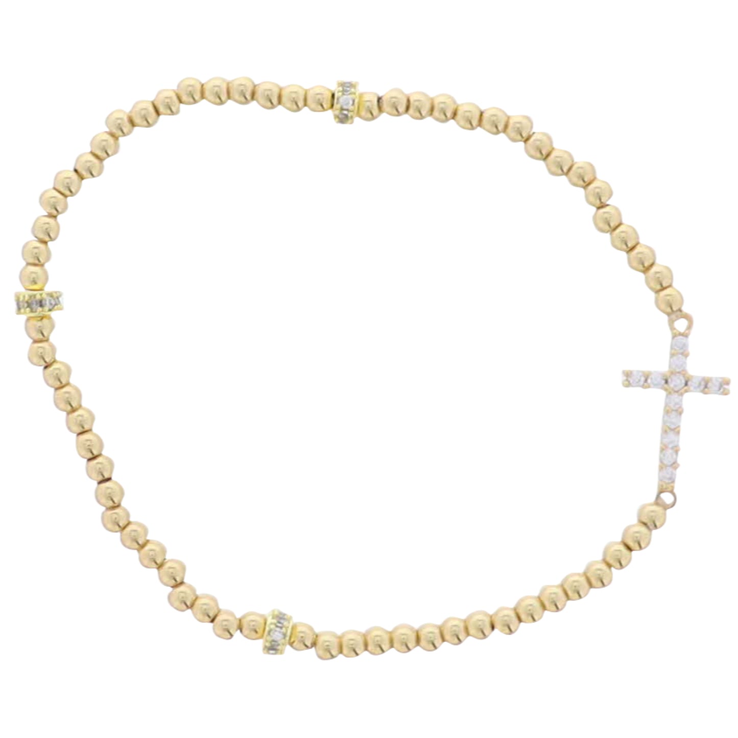 18K Gold Plated Gold Beaded Stretch Bracelet with Clear Crystal Cross