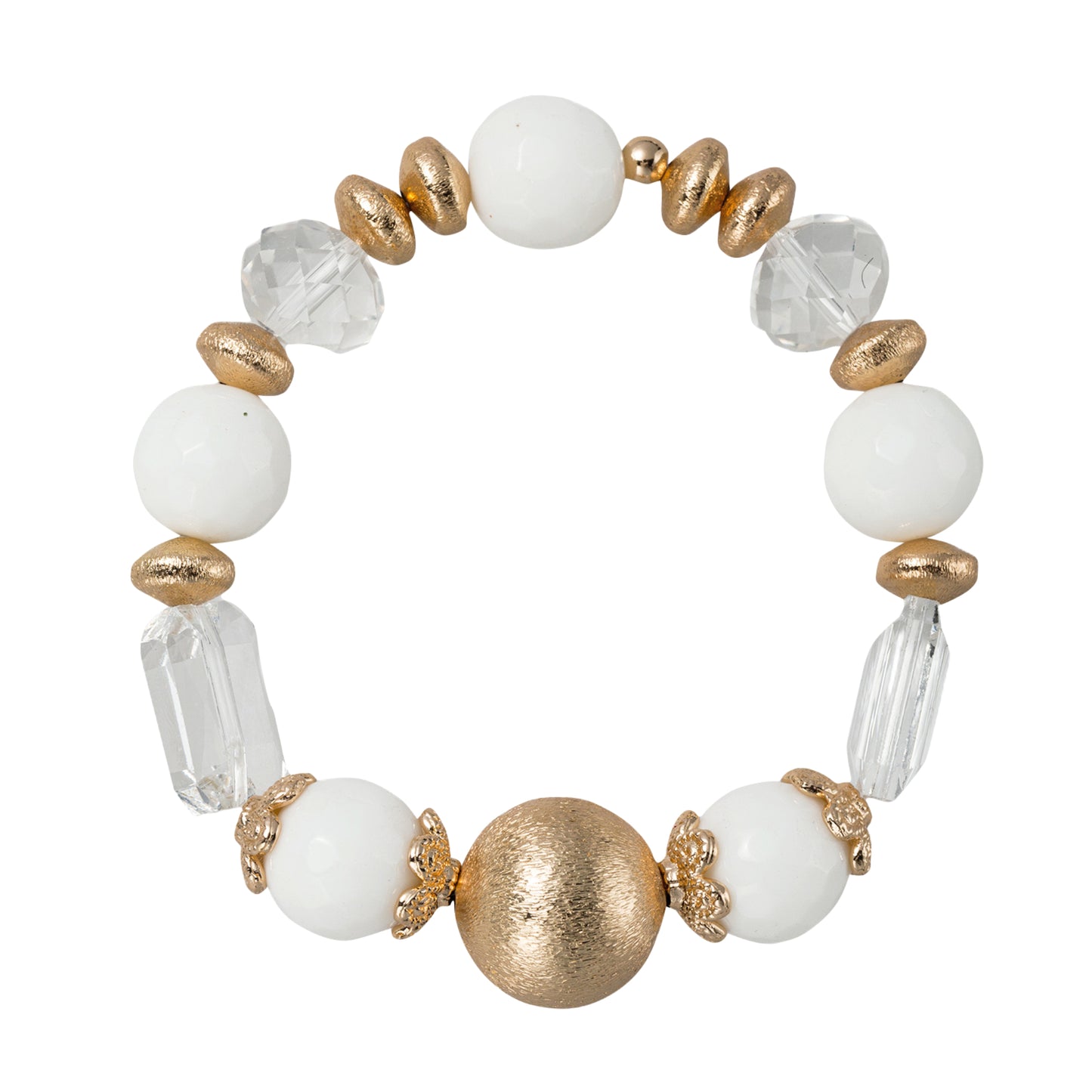 White Beaded Stretch Bracelet with Gold Ball, Clear Large Crystals, Decorative Spacers
