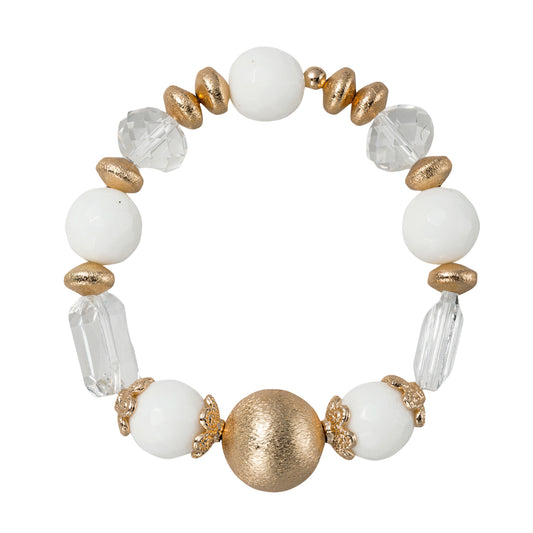 White Beaded Stretch Bracelet with Gold Ball, Clear Large Crystals, Decorative Spacers