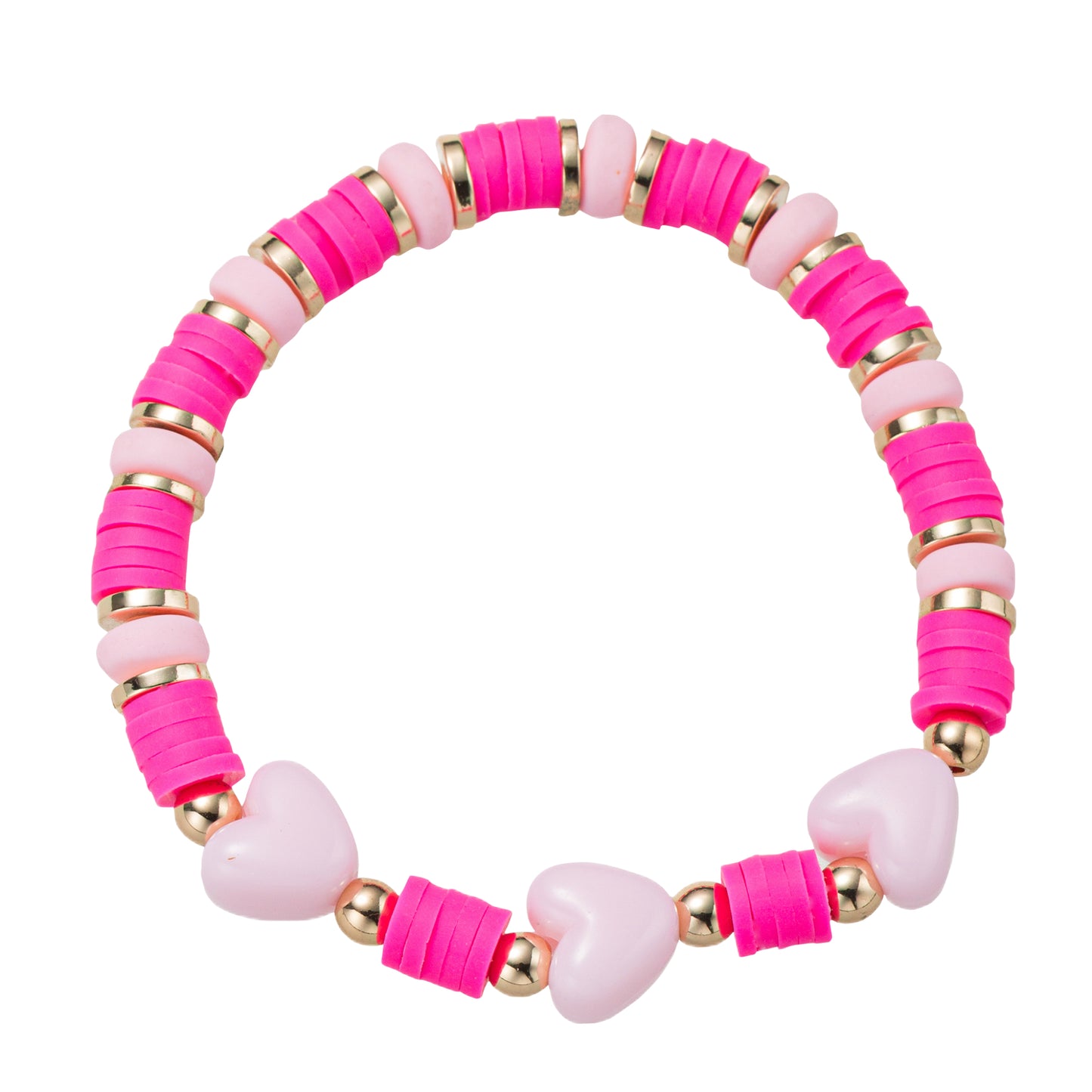 Hot Pink, Light Pink Rubber Disk Beaded Stretch Bracelet with Pink Hearts