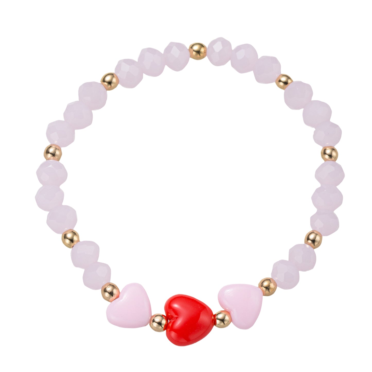 Light Pink, Red Faceted Beaded Stretch Bracelet with Red, Pink Hearts
