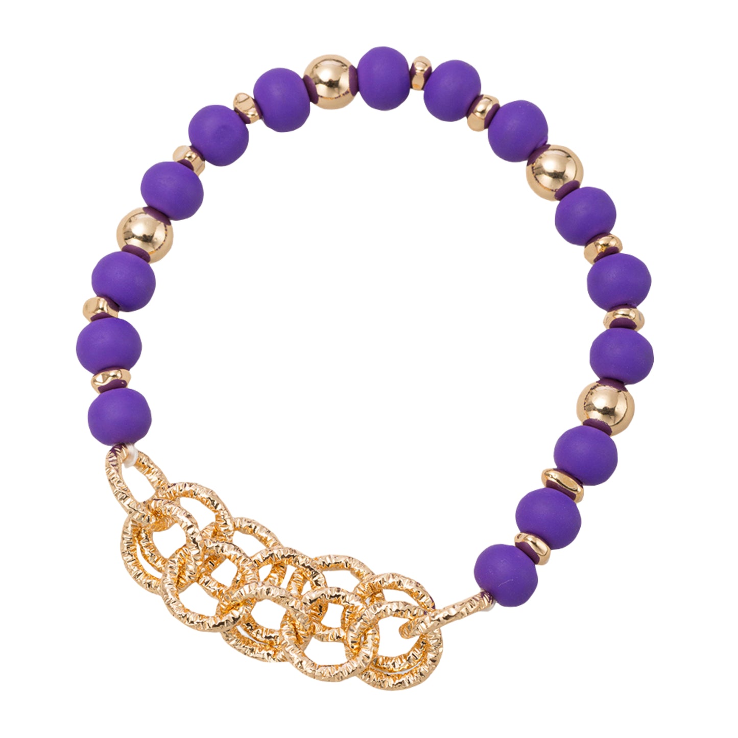 Purple, Gold Rubber Ball Beaded Stretch Bracelet with Gold Circle Chain