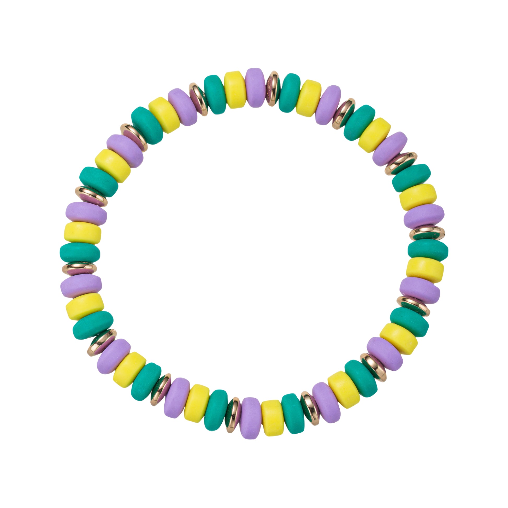 Yellow, Green, Light Purple, Gold Rubber Rondelle Beaded Stretch Bracelet with Gold Spacers