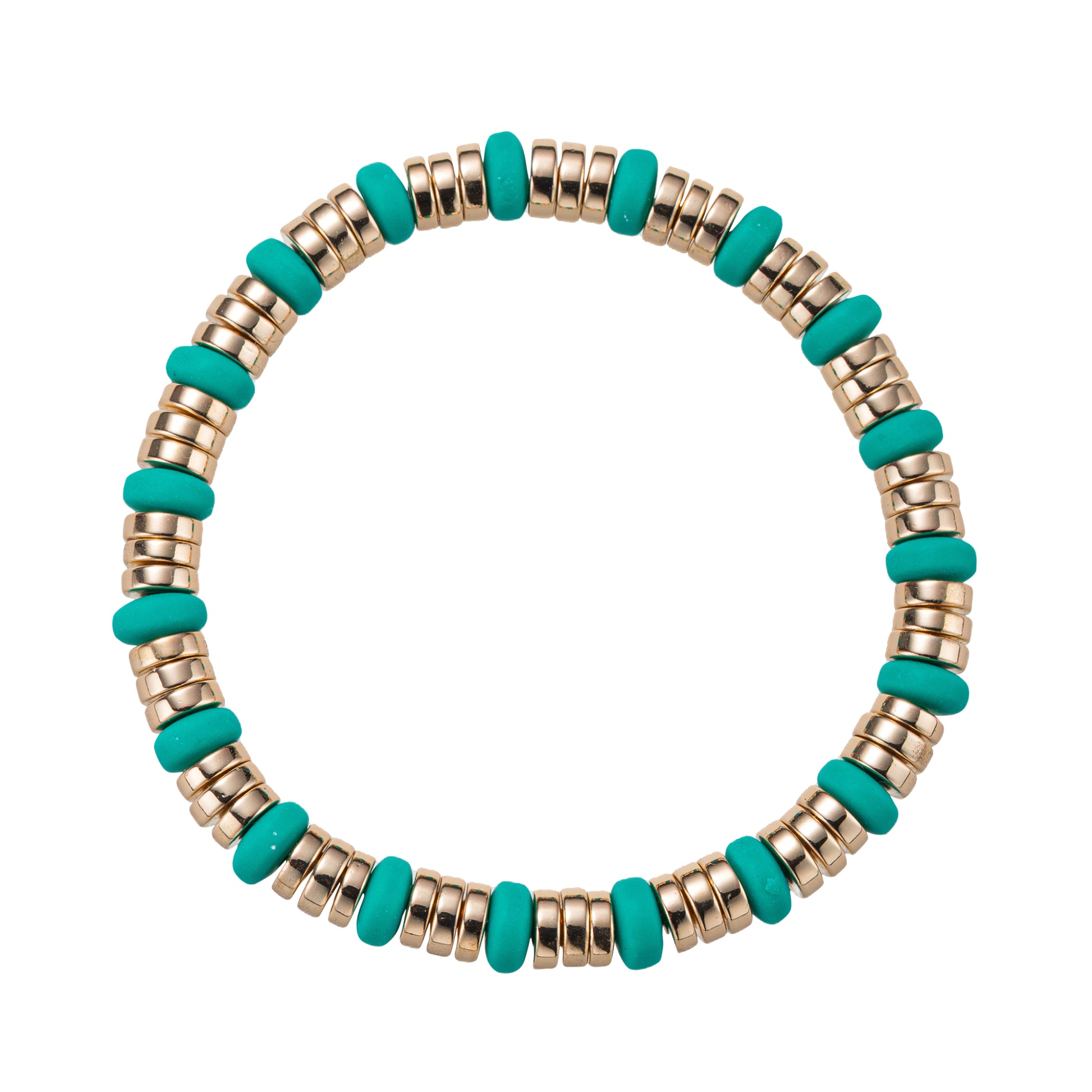 Green, Gold Rondelle, Rubber Beaded Stretch Bracelet