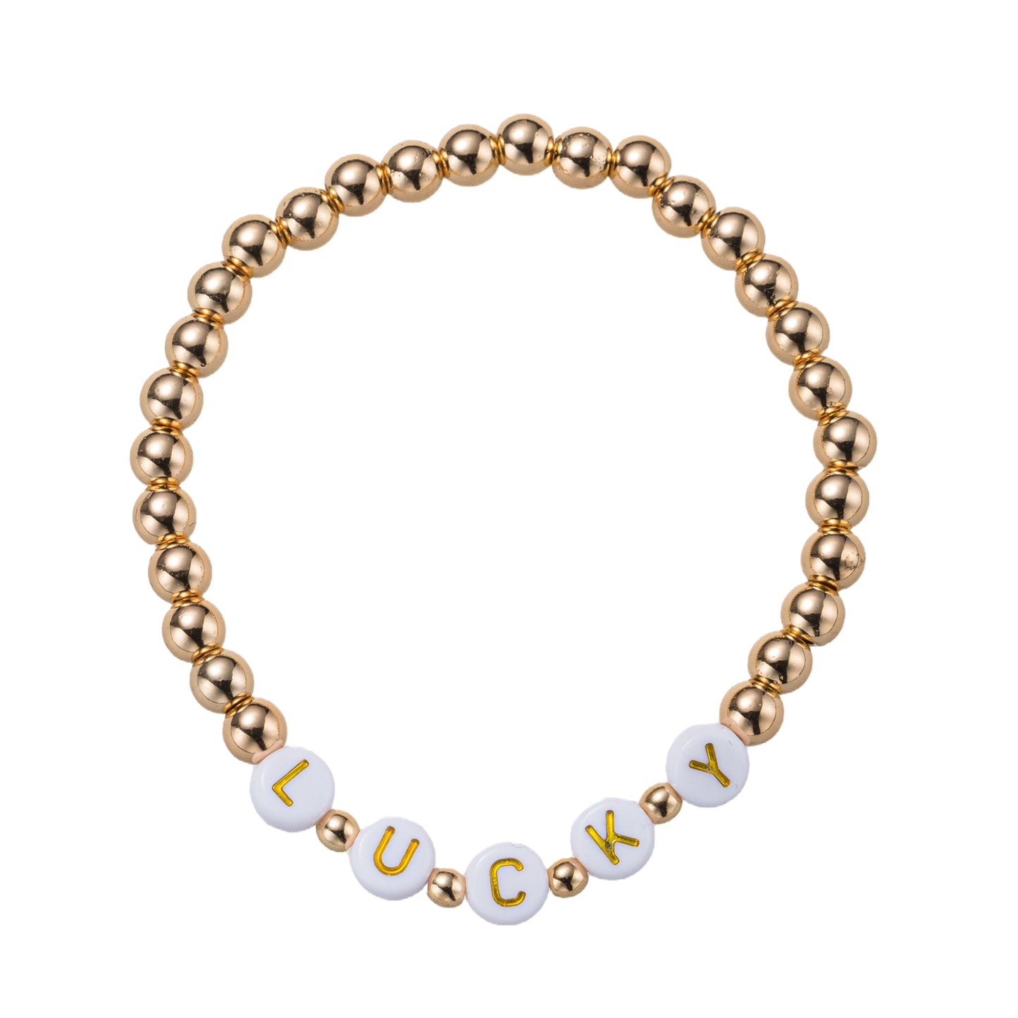 Gold Beaded Stretch Bracelet with "Luck"