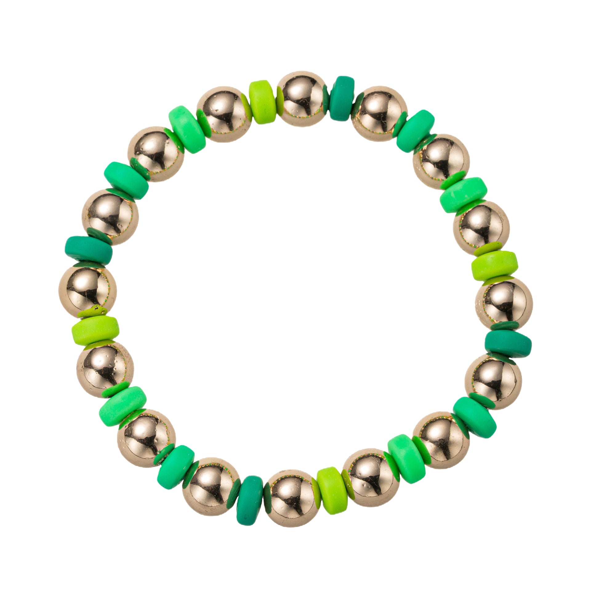 Gold, Green Ball, Rondelle Beaded Stretch Bracelet