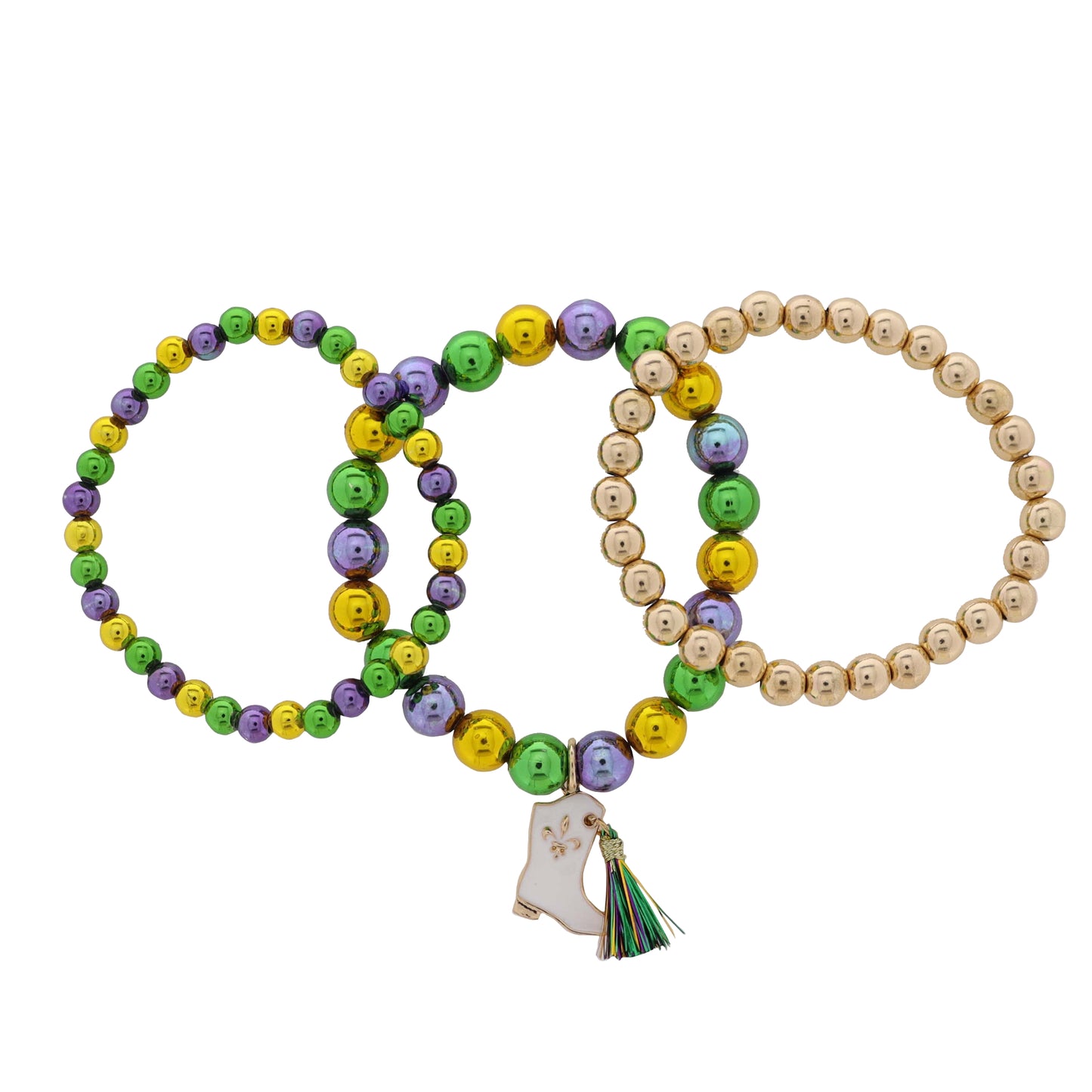 Kids Set of 3 Purple, Gold, Green Beaded Stretch Bracelet with White Mardi Gras Boot & Tassel