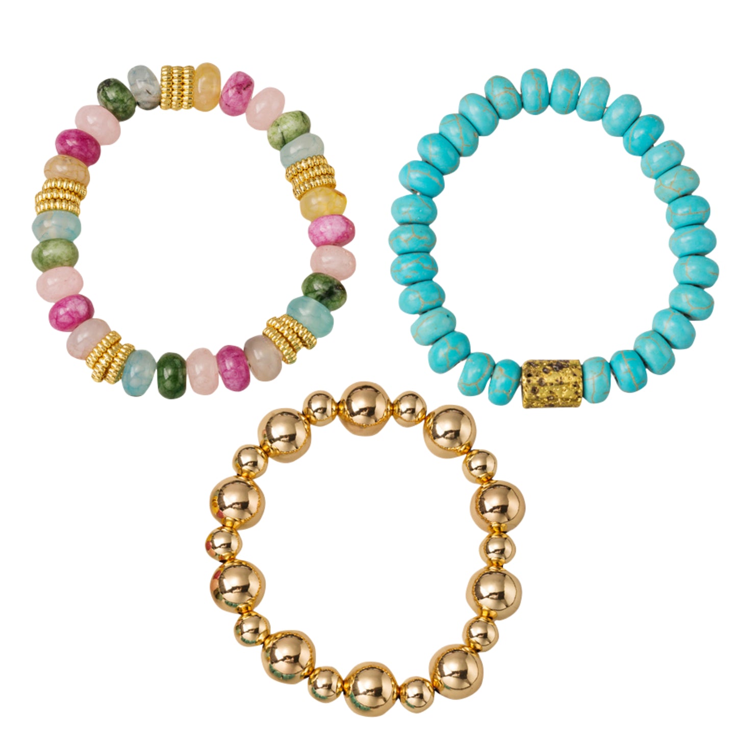 Set of 3, Gold Ball, Multi Gem Stone, Turquoise Beaded Stretch Bracelet