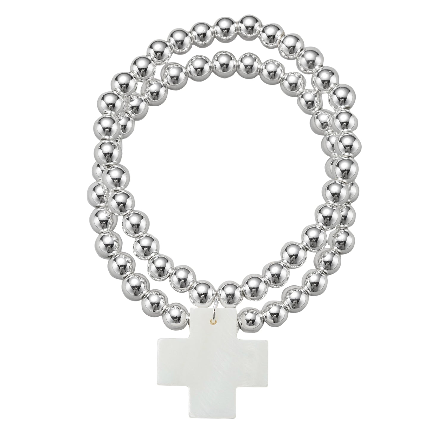 18k Gold Plated Silver Set of 2 Beaded Stretch Bracelet with Shell Cross