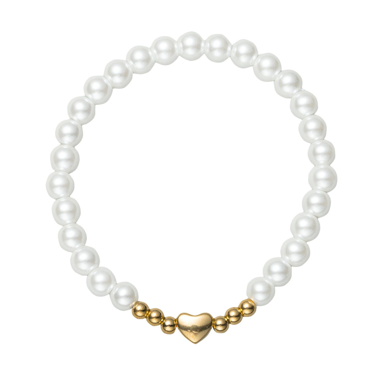 Gold, Pearl Beaded Stretch Bracelet with Gold Heart