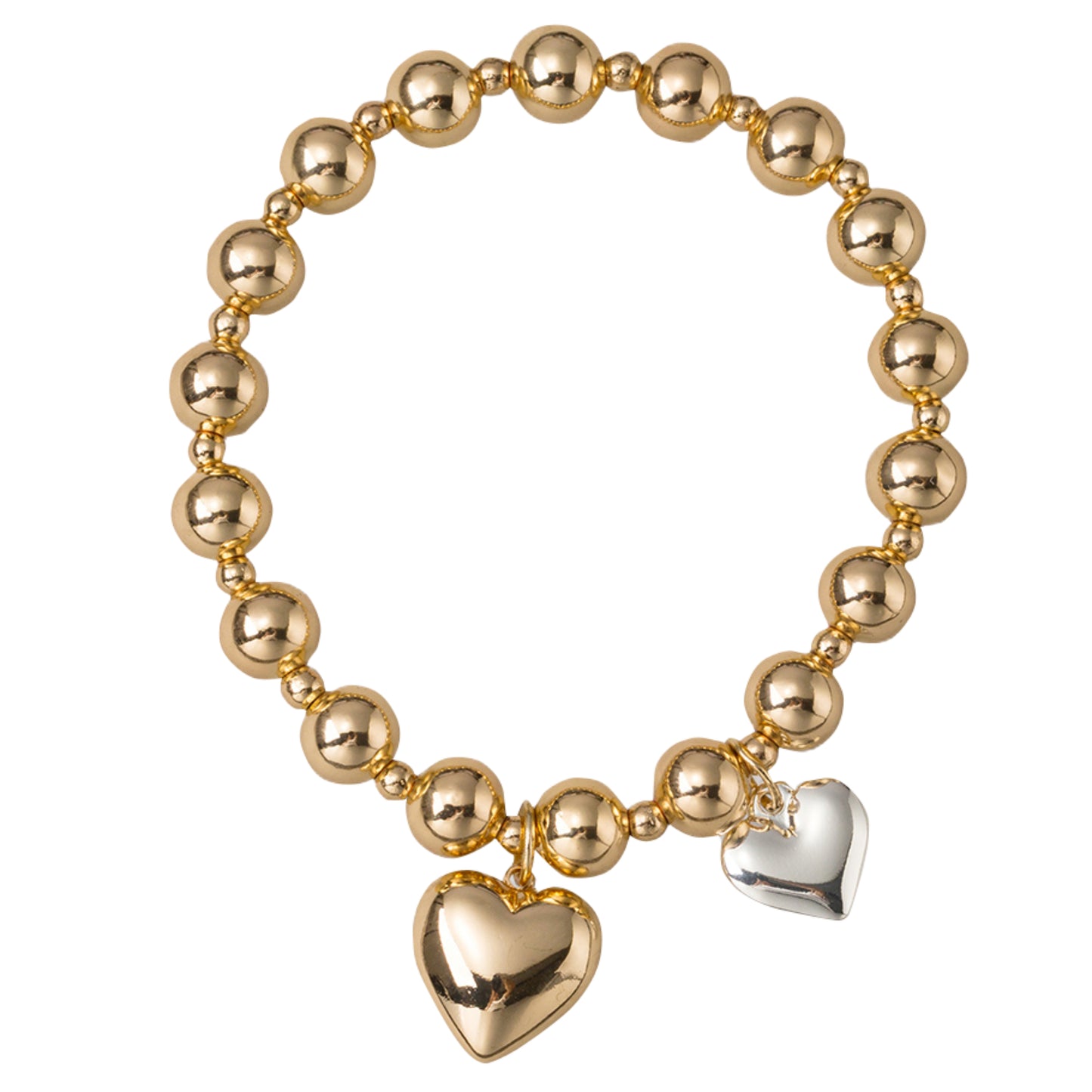 18K Gold Plated Ball Beaded Stretch Bracelet with Two Tone Hearts