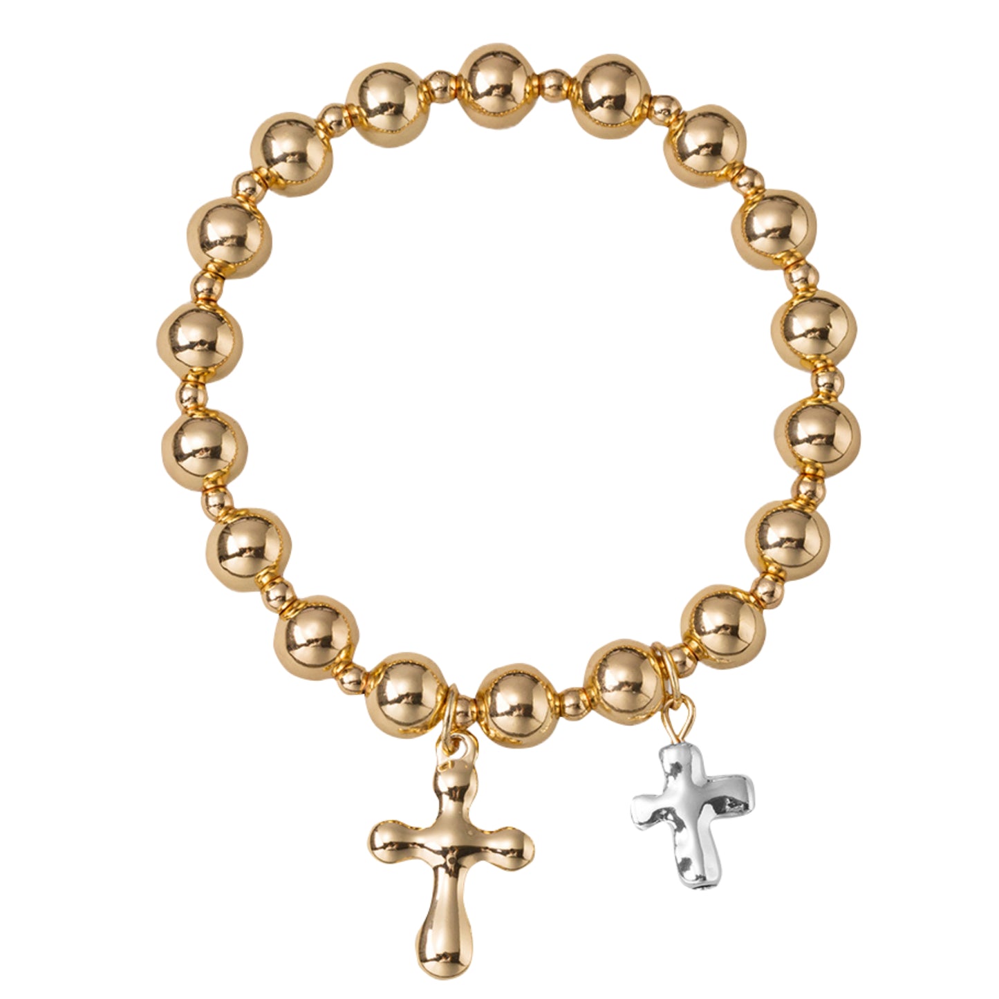 18K Gold Plated Ball Beaded Stretch Bracelet with Two Tone Crosses