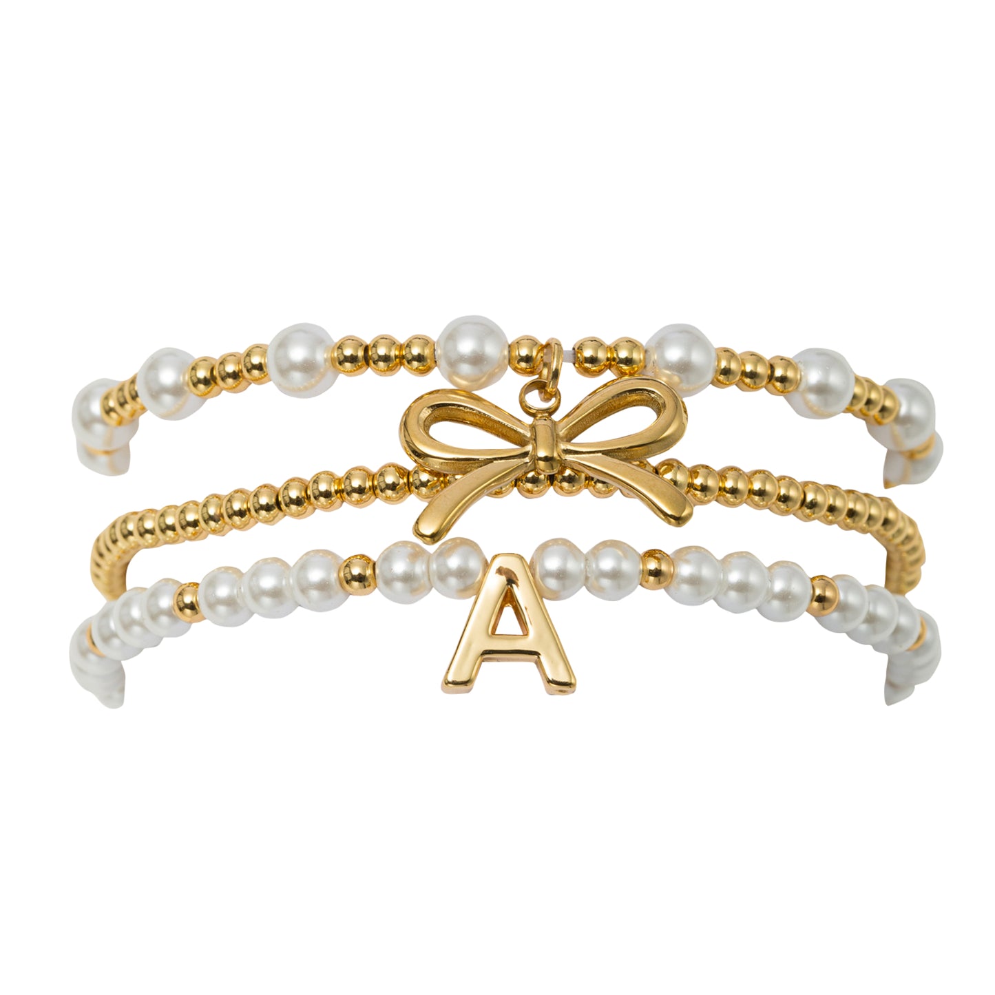 18K Gold Plated Set of 3 Gold, Pearl Beaded Stretch Bracelet with Gold Bow & Initial "A"