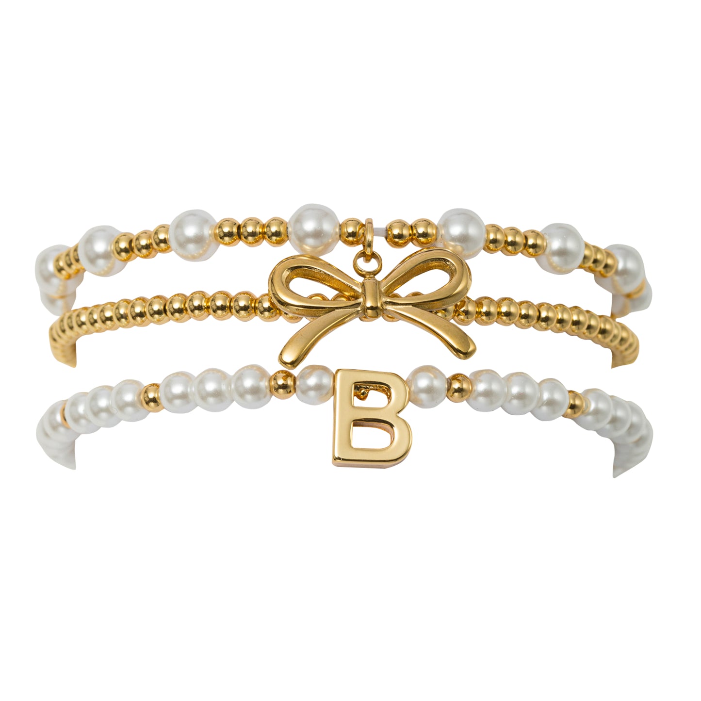 18K Gold Plated Set of 3 Gold, Pearl Beaded Stretch Bracelet with Gold Bow & Initial "B"