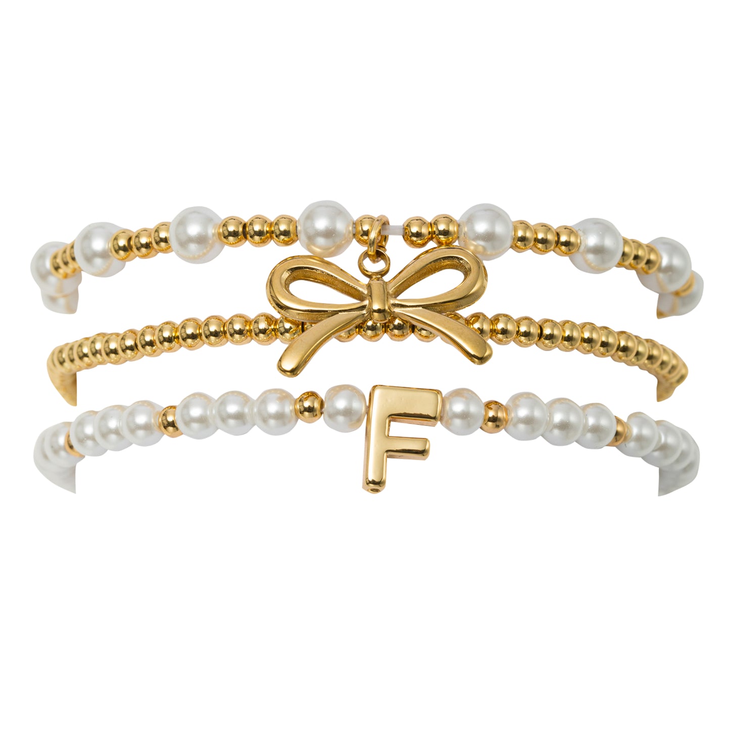 18K Gold Plated Set of 3 Gold, Pearl Beaded Stretch Bracelet with Gold Bow & Initial "F"