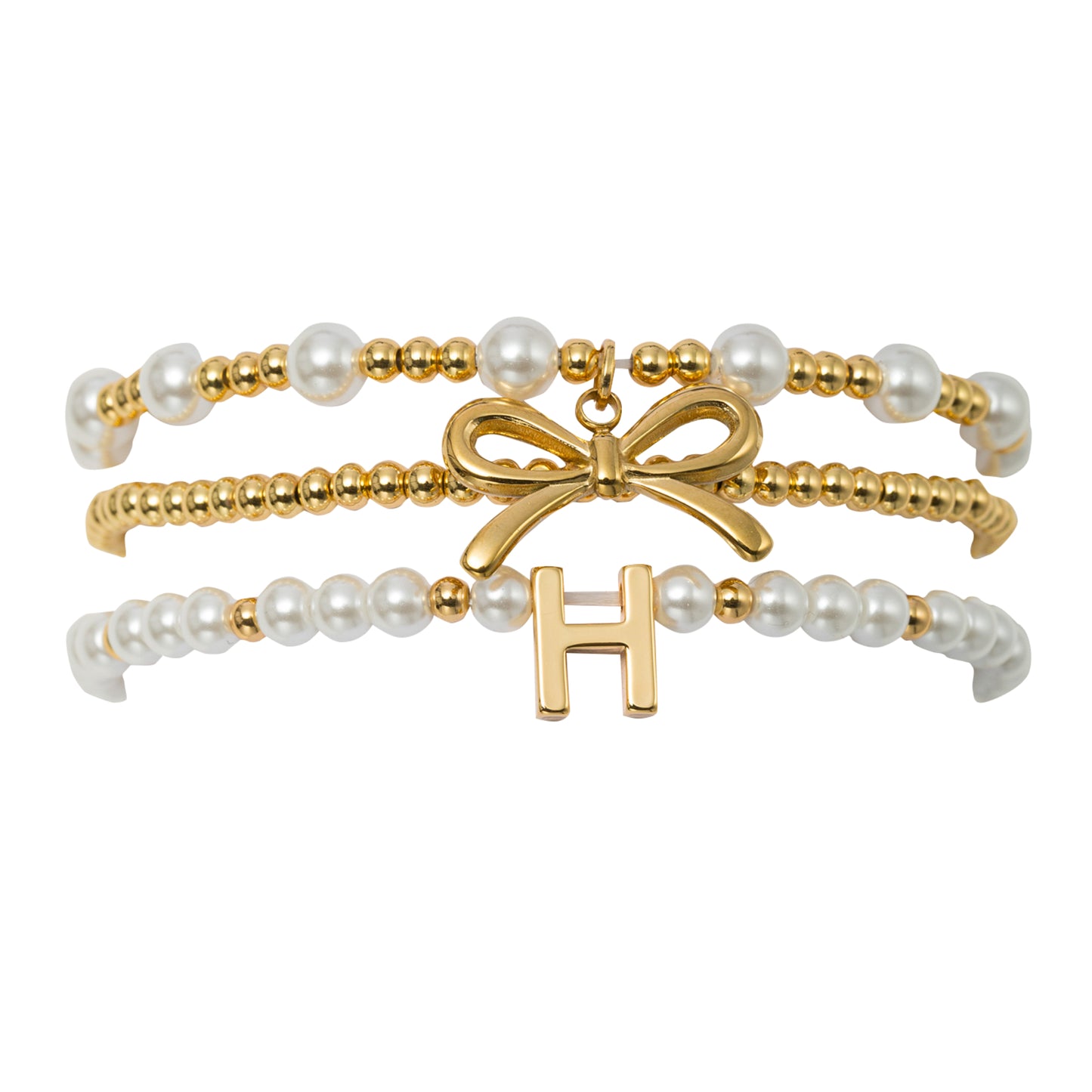 18K Gold Plated Set of 3 Gold, Pearl Beaded Stretch Bracelet with Gold Bow & Initial "H"