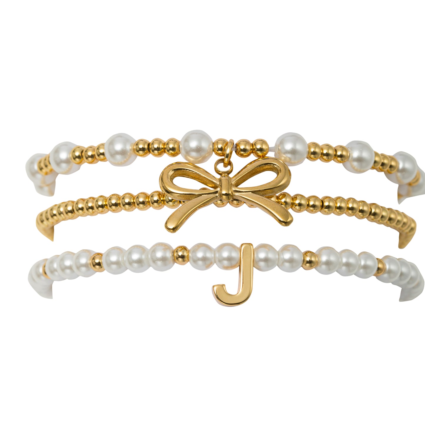 18K Gold Plated Set of 3 Gold, Pearl Beaded Stretch Bracelet with Gold Bow & Initial "J"