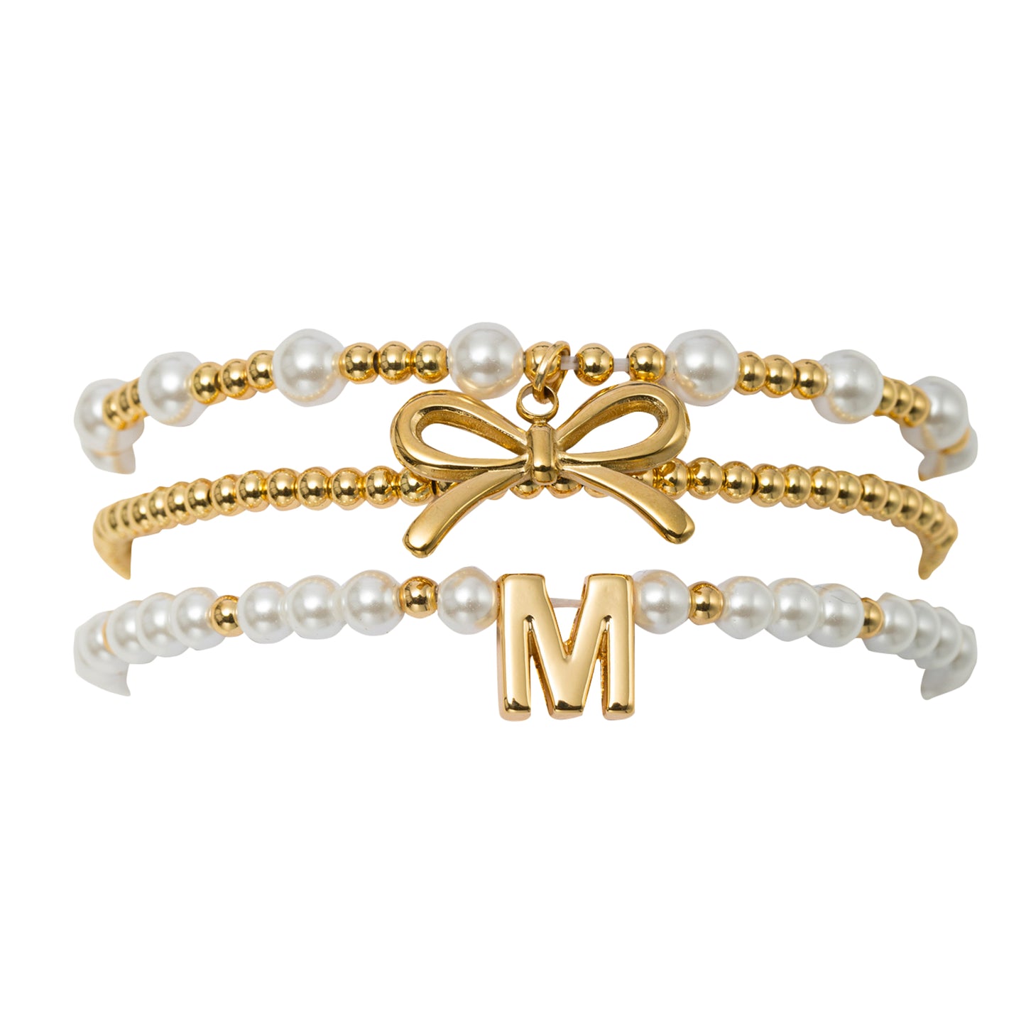 18K Gold Plated Set of 3 Gold, Pearl Beaded Stretch Bracelet with Gold Bow & Initial "M"