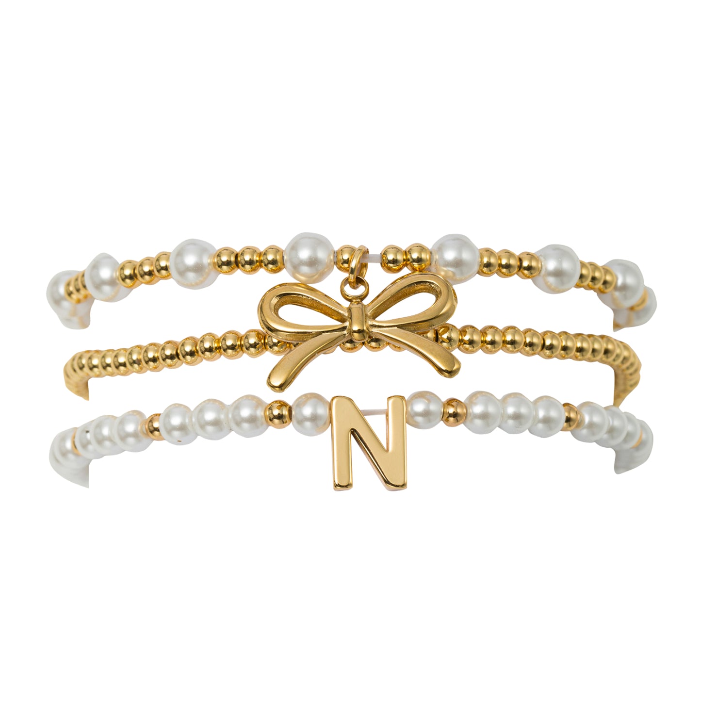 18K Gold Plated Set of 3 Gold, Pearl Beaded Stretch Bracelet with Gold Bow & Initial "N"