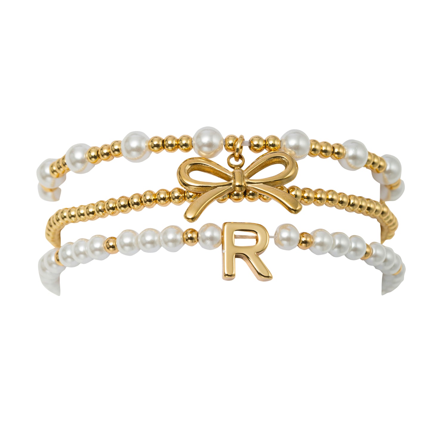 18K Gold Plated Set of 3 Gold, Pearl Beaded Stretch Bracelet with Gold Bow & Initial "R"