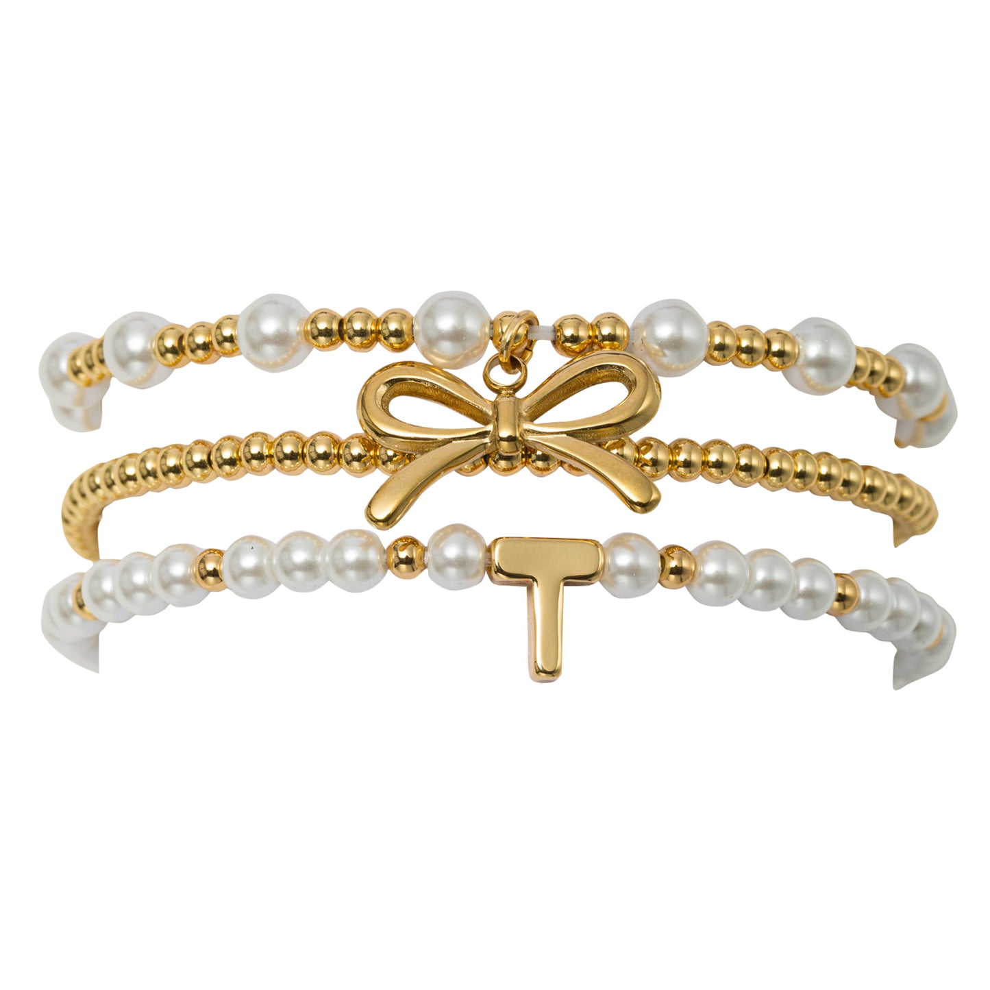 18K Gold Plated Set of 3 Gold, Pearl Beaded Stretch Bracelet with Gold Bow & Initial "T"